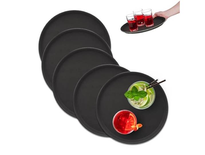Relaxdays horeca dienblad, set van 5, Ø 35 cm, antislip, thuis, zwart