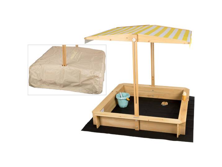 needs&wants Sandkasten mit Dach, Sitzbank und Boden, Holz wetterfest, Gelb, 113x113x113 cm, Freizeit & Co, Gartenspielzeug, Sandkästen