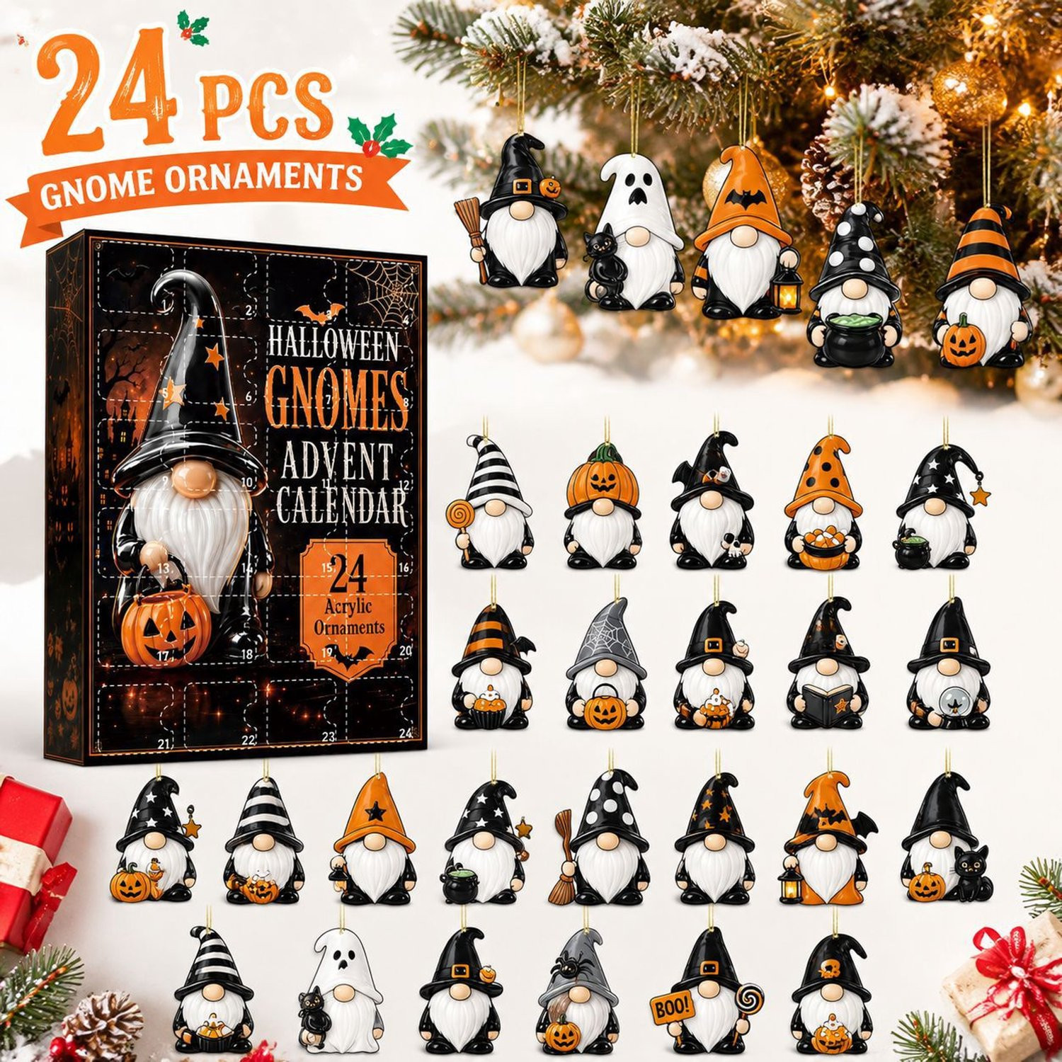 Adventskalender 2026 met 24 veelkleurige Halloween kabouter hangornamenten van acryl voor interieurdecoratie