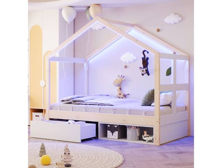 VUENOR Lit cabane 90x190 cm blanc et bois – LED multicolore tiroir sans matelas