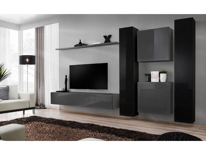 Xlmoebel Wohnwand Moderne graue Wohnwand mit Wandregalen für stilvolles Wohnen, (7-St., 1x Wohnwand + 1x TV Ständer + 4x Wandschrank + 1x Wandregal), Hergestellt in Europa