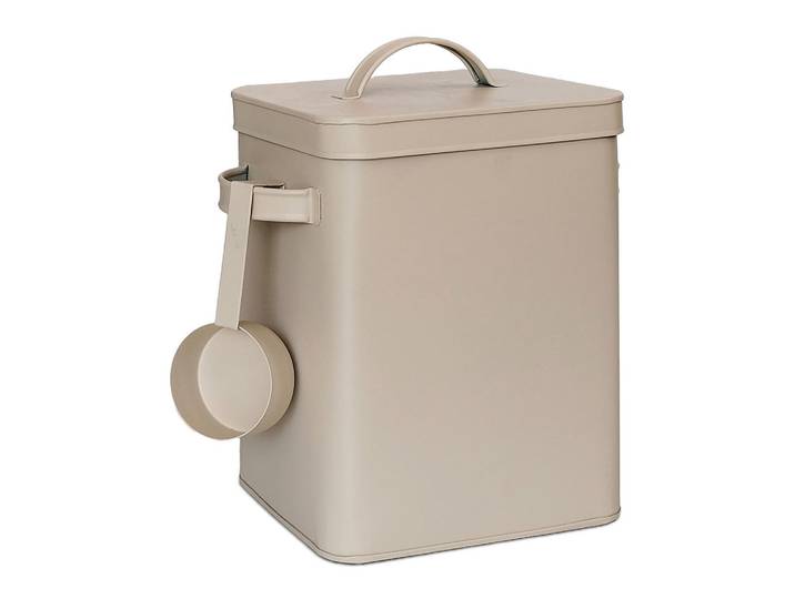 Relaxdays Vorratsdose Beige Metall luftdicht mit Dosierlöffel 6,5 L, Metall, Kunststoff, 24.5x27.5x16 cm, Küchenzubehör, Vorratsbehälter, Vorratsdosen