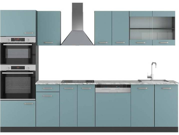 Küchenzeile Vicco R-Line Blau-Grau 300 cm mit Hochschrank, AP Marmor, Model 43271