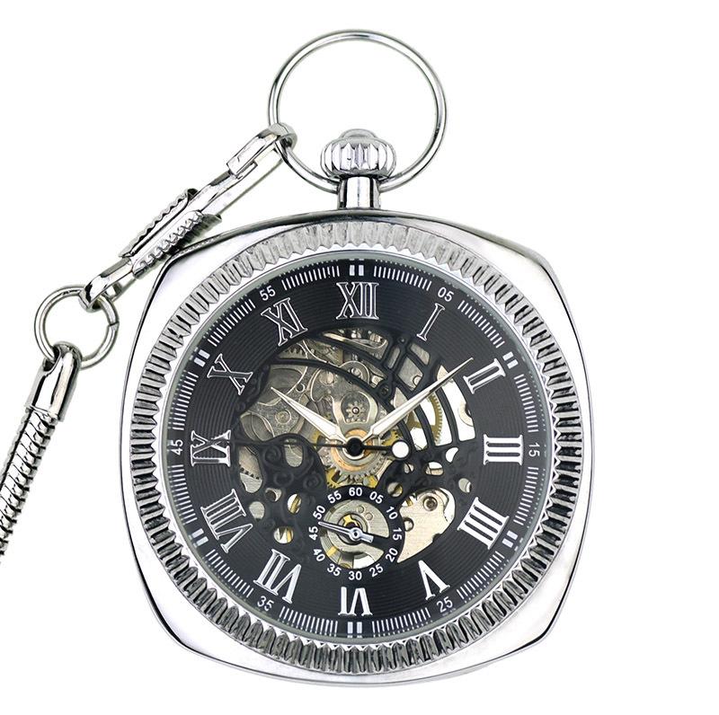 Mechanische, silberne, quadratische, offene Vintage-Taschenuhr im Skelett-Stil