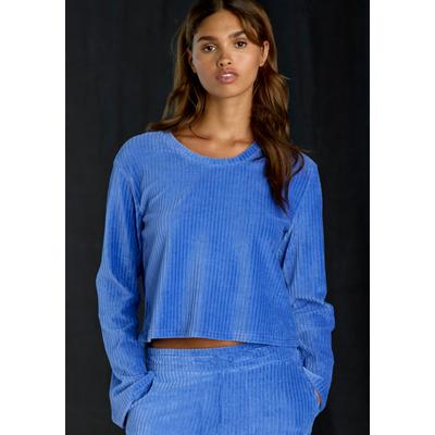 Langarmshirt BUFFALO, Damen, Gr. 32/34, blau, Cord, Obermaterial: 62% Baumwolle, 36% Polyester, 2% Elasthan, bequem, Rundhals, Trompetenärmel, Shirts Langarmshirt, mit weicher Cord-Struktur