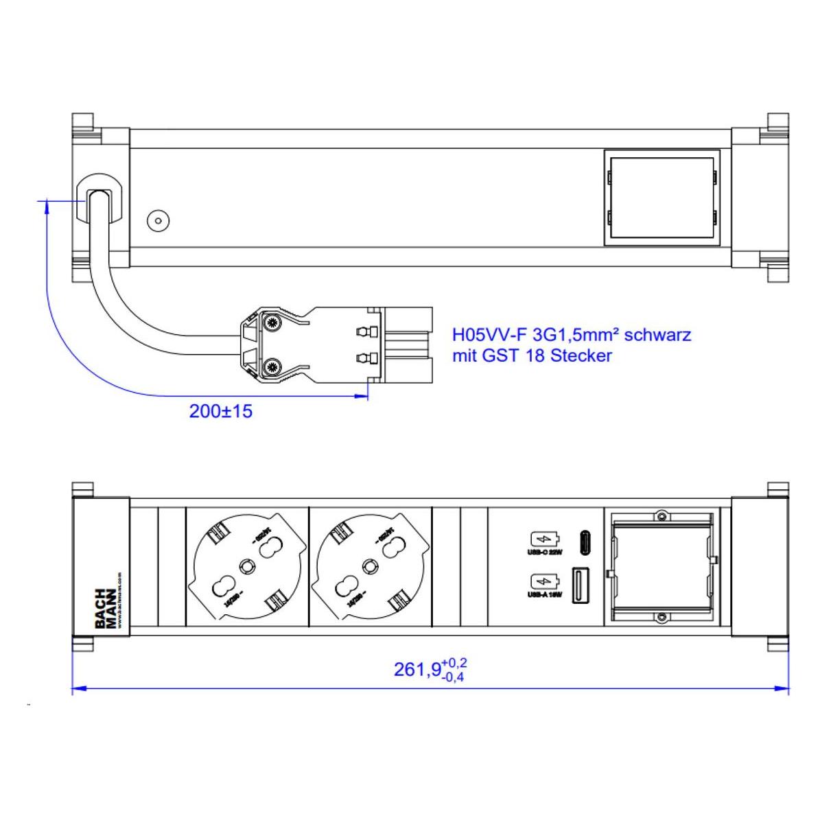 Bachmann Power Frame M 2xP40 916.5361xUSB A&C 22W 1xCM 0.2m GST18 (2x, USB-A, USB-C) (916.536)