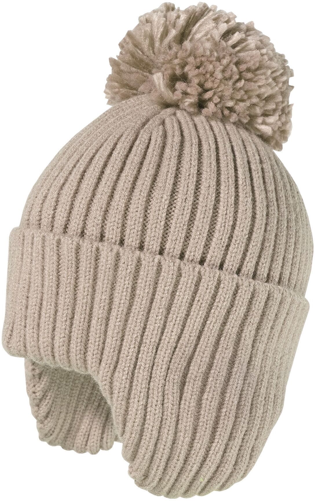 Strickmütze MAXIMO, Kinder, Gr. 49/51, braun (hellbraunmeliert), Strick, Materialmix, unifarben, Mützen Strickmütze, wärmend, breiter Umschlag, Ohrenklappen, Bommel hellbraunmeliert 49/51