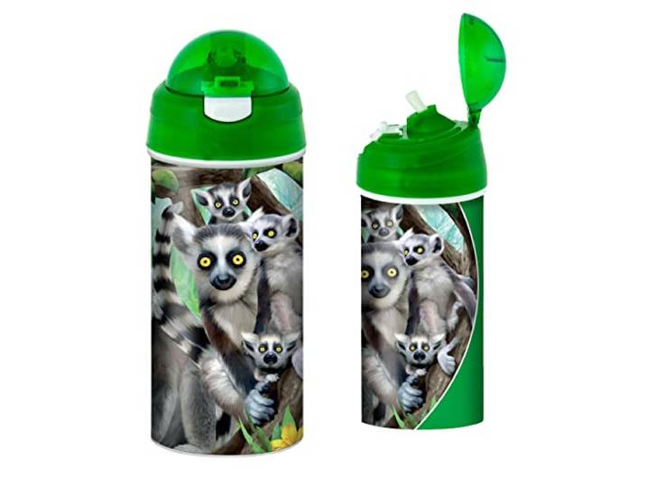 3D LiveLife Drinkfles - Ringstaart Maki's van Deluxebase. 3D Lensvormige Maki Waterfles met Rietje. 600ml drinkfles voor kinderen met origineel kunstwerk van gerenommeerde kunstenaar, Michael Searle