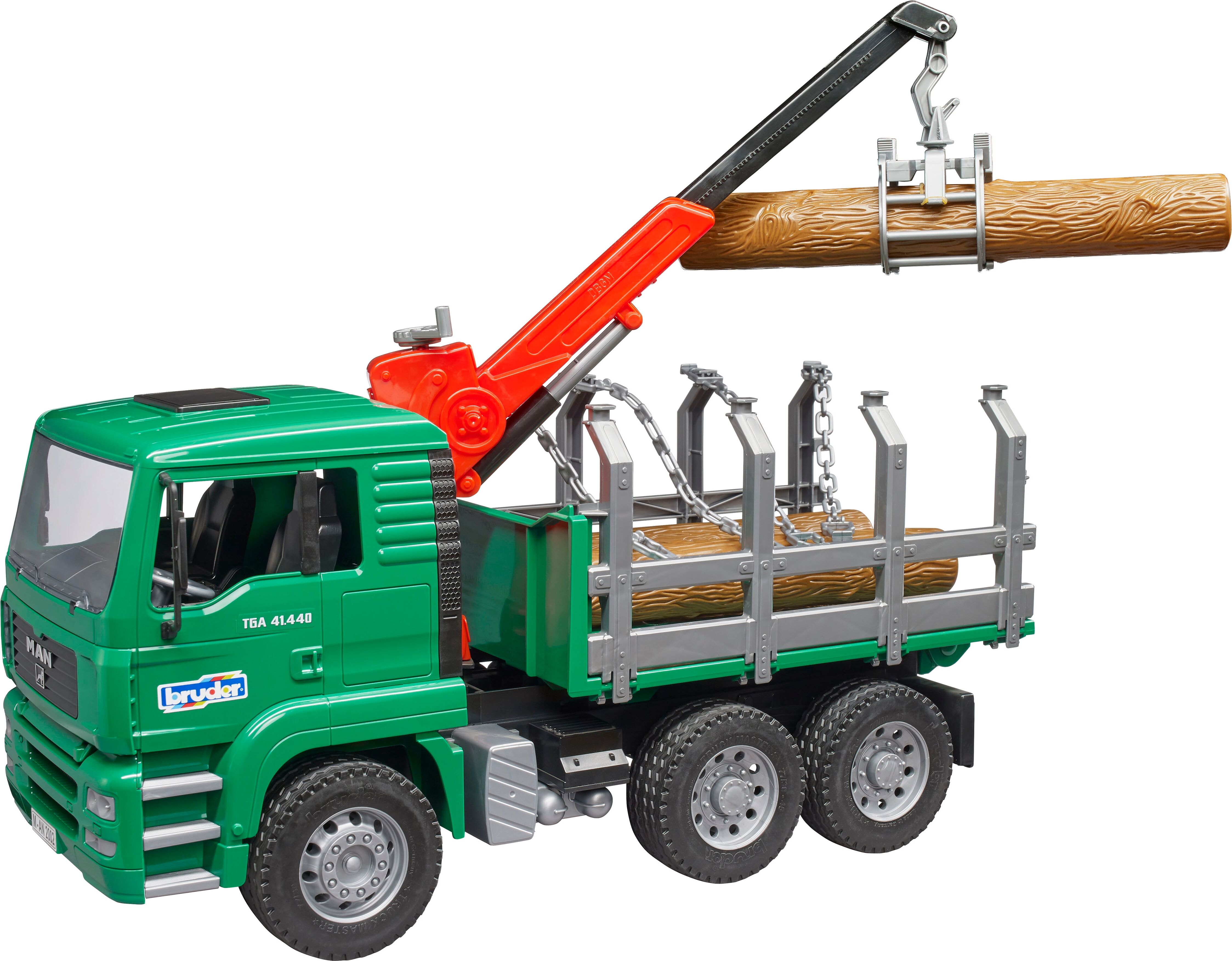 Spielzeug-Forstmaschine BRUDER "MAN Holztransporter mit Ladekran 43 cm (02769)", grün, Spielzeugfahrzeuge, KinderB:18,5cm H:25,5cm T:43cm, Kunststoff, Spielzeug-Forstmaschine, Made in Europe, B:18,5cm H:25,5cm T:43cm
