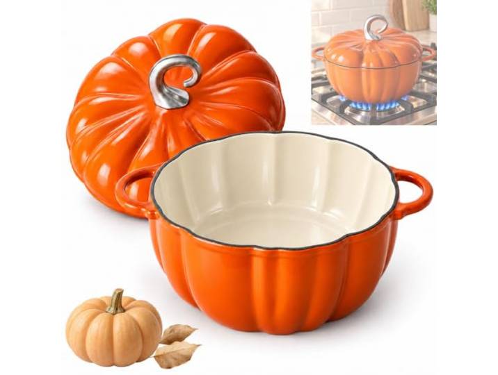 Gusseisen Topf Kürbis mit Deckel, kürbistopf für Suppen und Eintöpfe (Orange,25 CM + Hornförmiger)
