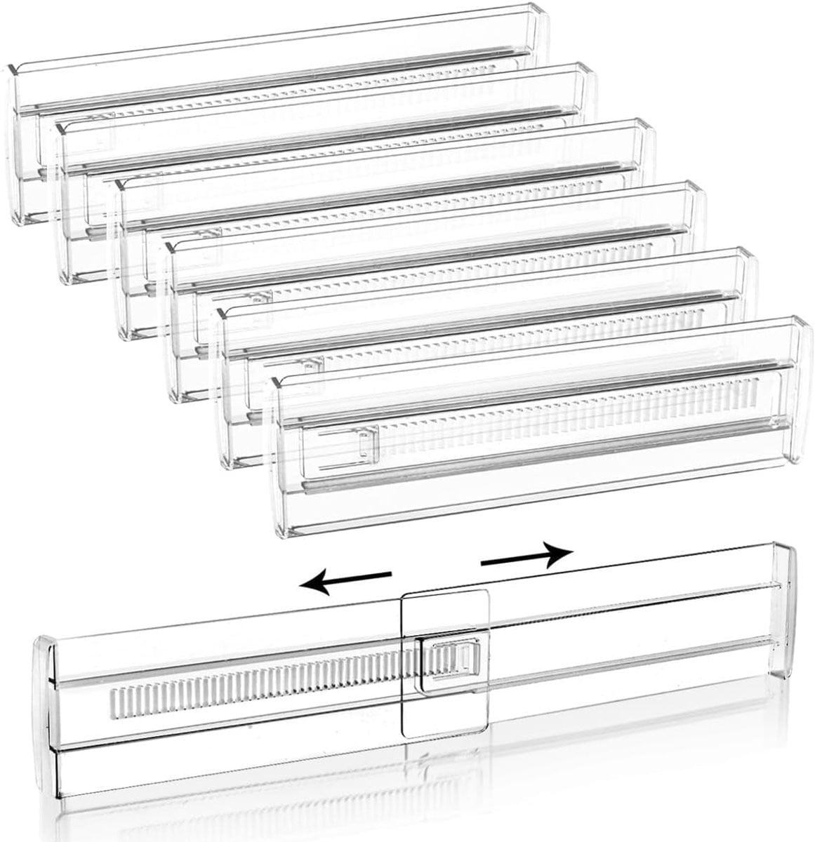 Set van 8 verstelbare ladeverdelers, transparante ladeorganizer voor keuken, kledingkast, badkamer en kantoor, breedte: 27,5 tot 52 cm