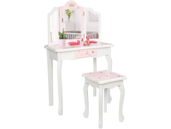 ALIGHTUP - Coiffeuse en bois pour enfants vec miroir pliable à trois tiroirs chaise et tiroir Blanc + Rose