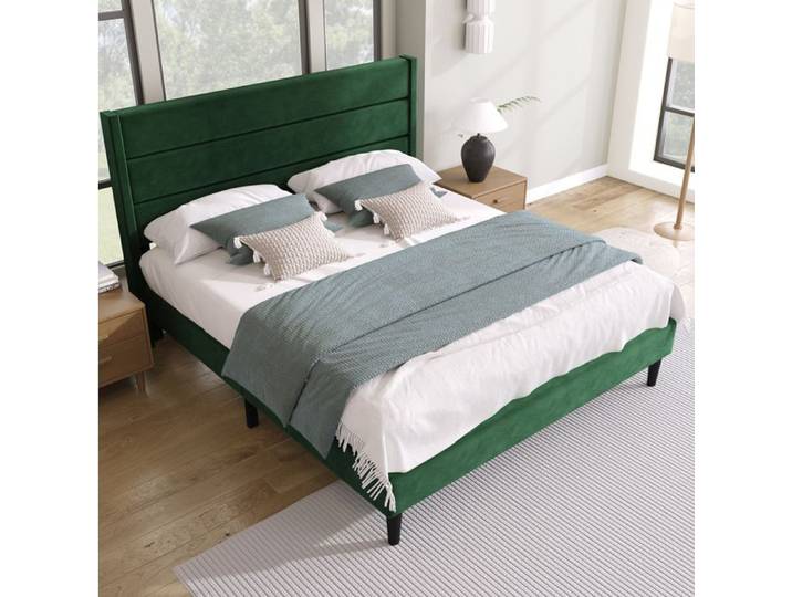 Lit rembourré SENVIRO en velours vert foncé avec matelas et sommier cent quarante sur deux cents