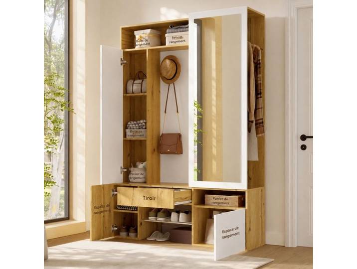 Norevia meuble d'entrée avec miroir pleine longueur penderie et rangement chaussures
