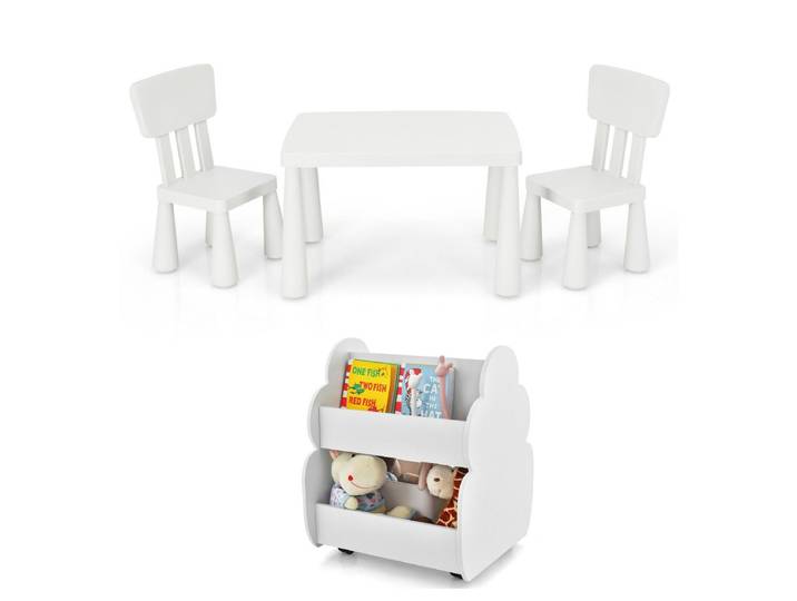 Set met Tafel en 2 Stoelen voor Kinderen en Kinderboekenkast met 2 Niveaus Set met Kindertafel Kinderstoelen en Ruime Kinderboekenkast