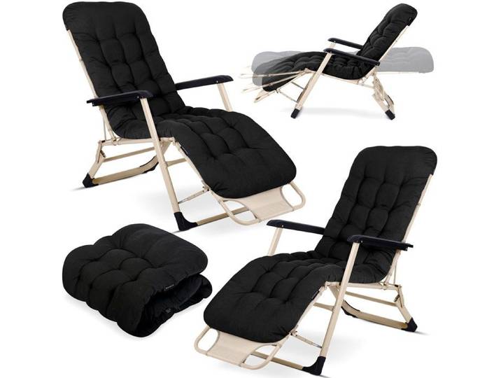 Chaise longue de jardin pliante - JANSHOP - Lot de 2 - Coussin inclus - Noir - Dossier réglable - Appuie-tête