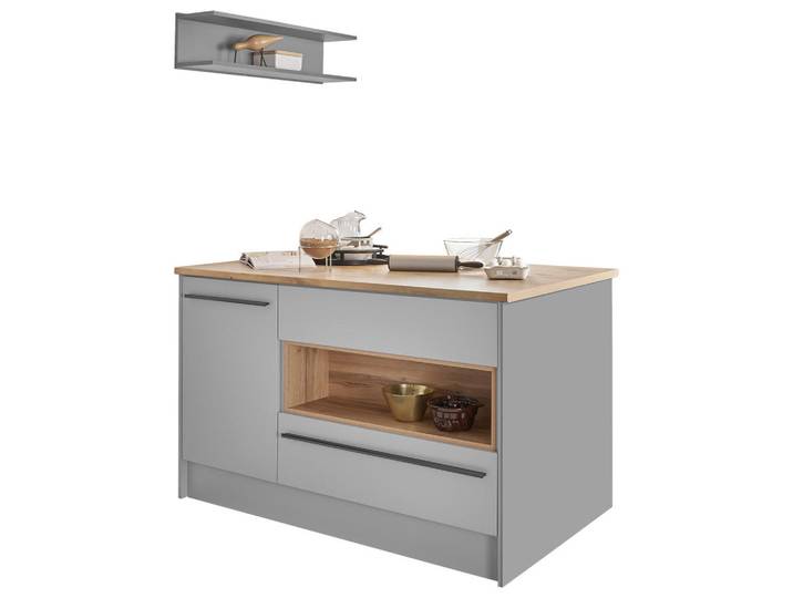 P & B Kücheninsel, Grau, Eiche, 3 Schublade(n) Schubladen, einzeln stellbar, 145x90x90 cm, höhenverstellbare Füße, Küchen, Küchenmöbel, Kücheninseln