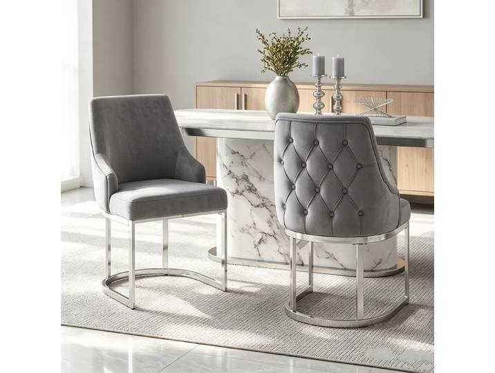 Chaise Salle à Manger Lot de 2 Chaise Cuisine en Velours Moderne Pieds de Chaise Plaqués Argent Tissu Velours Gris + Argent