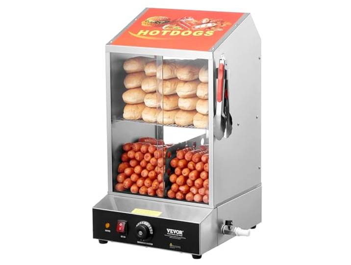 VEVOR Hot Dog Dampfgarer, 37L, 2-stufiger Hot Dog Hütten-Dampfgarer, 30℃~85℃ Temperaturregelung, elektrischer Brötchenwärmer mit Schiebetüren aus gehärtetem Glas, Trennplattenzange