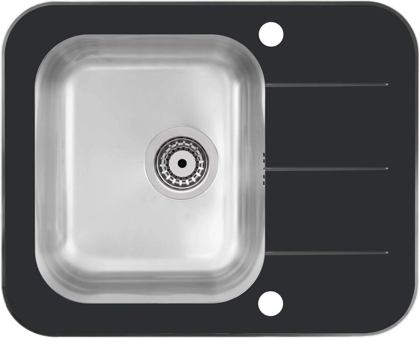 Einbauspüle aus gehärtetem Glas 62x50 cm in Schwarz mit Edelstahlbecken