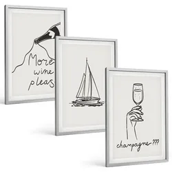 BILDER SET 3er Set - 40x60 cm Silberner Rahmen - Weinsegelboot-Glas-Linienzeichnung