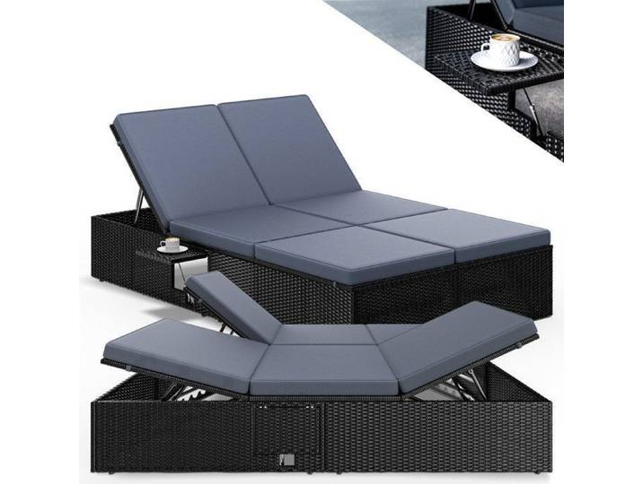 Chaise longue double CASARIA – Bain de soleil 2 places – Extrémités réglables – Polyrotin – Noir anthracite – Jardin terrasse