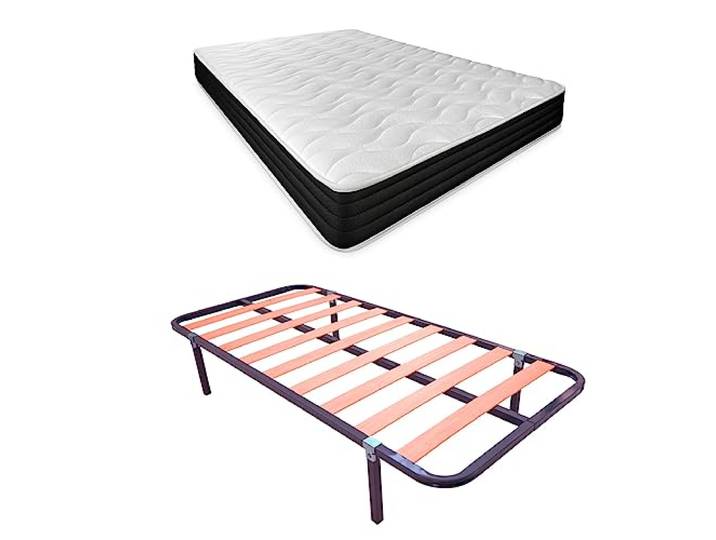 DUÉRMETE ONLINE Komplettes Bett mit wendbarer Visko-Matratze (Winter/Sommer) + Lattenrost Basic mit Beinen, Stahl-Legierung, Grau, 105 x 190 cm