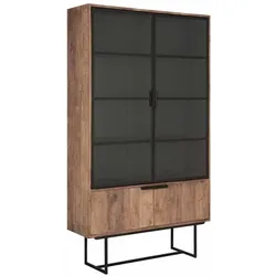 Vitrine Odeon aus Teakholz, Industrial Design mit 4 Klapptüren, natur, Metallgestell schwarz
