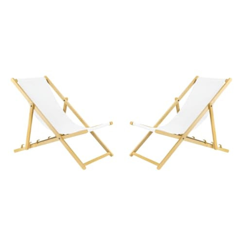 BAS Set van 2 witte inklapbare houten ligstoelen met beveiligingssysteem