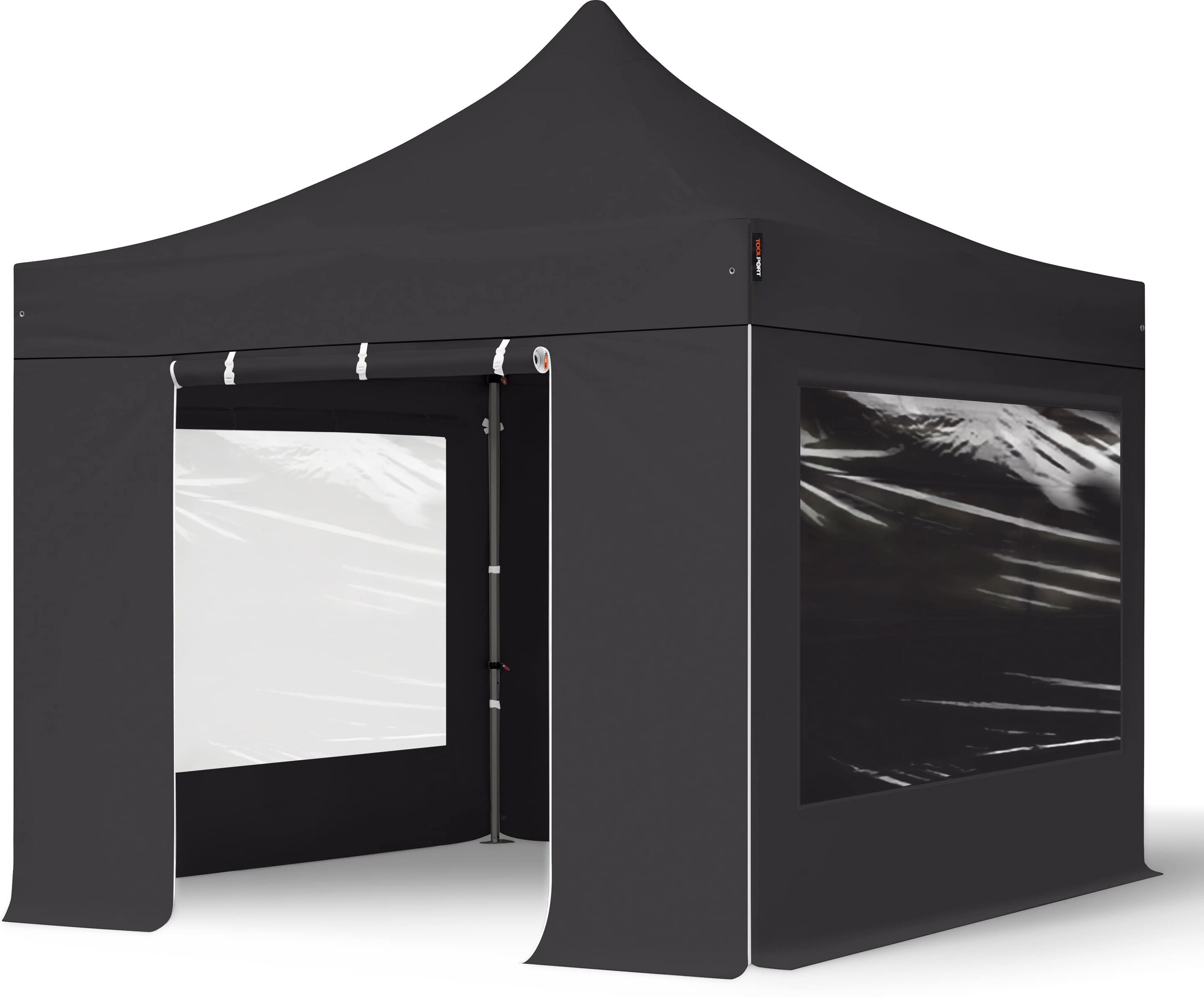 TOOLPORT 10x10 ft PES 750 Pop-Up Canopy PREMIUM Steel 1.6 in., incl. Sidewalls with Panorama Windows, Black - (600005)