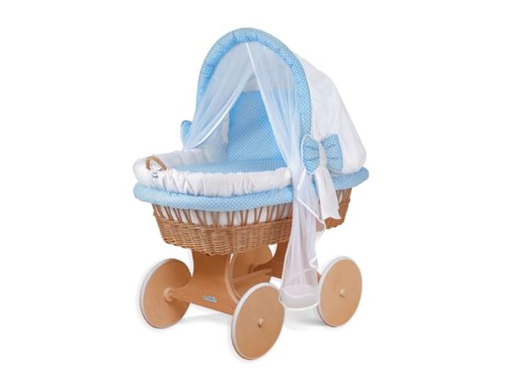 waldin Stubenwagen Baby Komplett aus Weide Zertifiziert EN 1130 Babywiege mit Weidenkorb Handgemacht Himmel Matratze Bettwäsche Holzgestell Leise Räder Baumwollstoff
