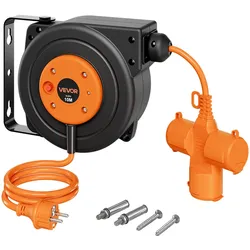 VEVOR Kabeltrommel 10 m 3000 W Automatischer Kabelaufroller 16 AWG/3-adrig, zur Decken-/Wandmontage, 3 Steckdosen, 56 °C Überhitzungsschutz, Beleuchtete Dreifachsteckdose, mit 180°-Schwenkhalterung