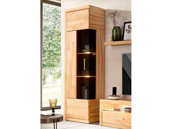 OTTO home Vitrine Ribe,180cm hoch,5 Fächer,2 Glasböden variabel einsetzbar Korpus aus Holzwerkstoff,dunkles gehärtetes Glas, Metall Griffe
