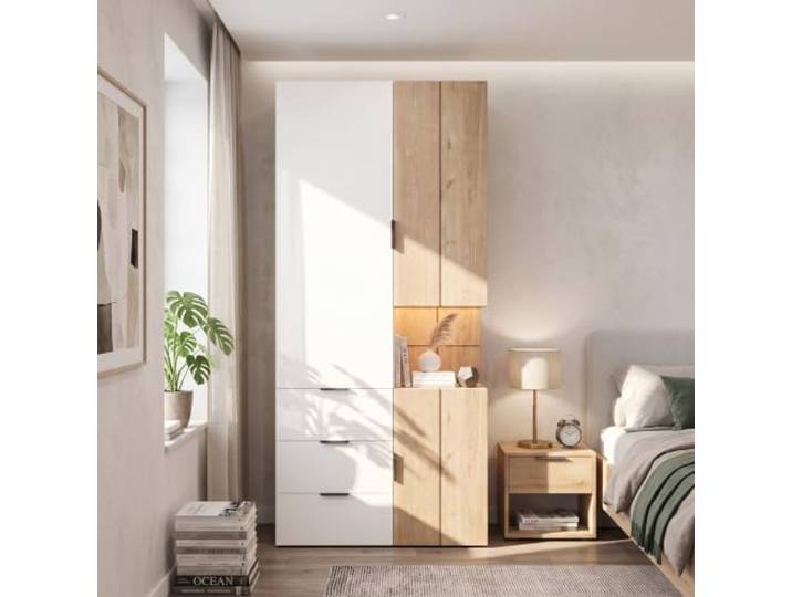 Fiednoy Kleiderschrank mit Schmuckschublade in Weiß Eiche Drehtürenschrank mit 2 Kleiderstangen und 4 Schubladen, moderner Schlafzimmerschrank, 90x49x200 cm