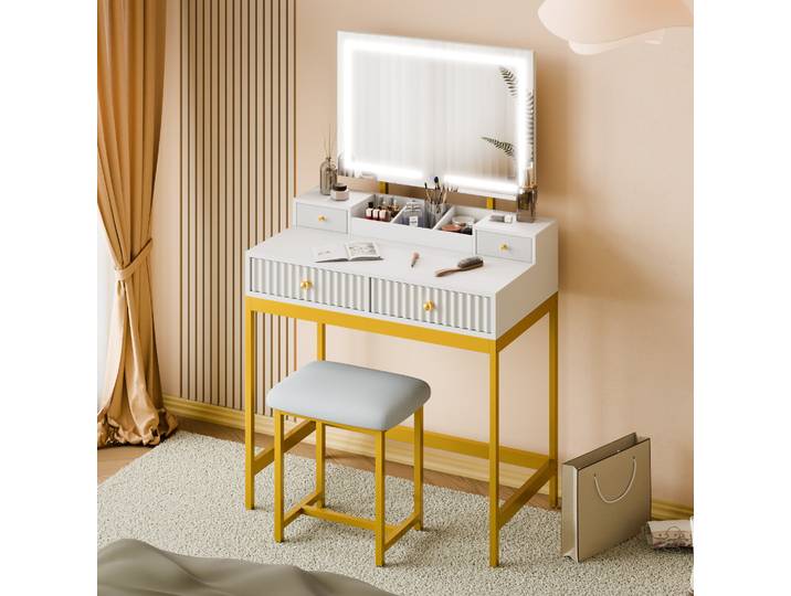Mondeer Coiffeuse avec tabouret : miroir LED à 3 niveaux\, réglable en hauteur & tiroirs ondulés - 80x45x132 cm