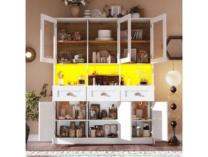 Armoire cuisine Blanc LED RGB étagères réglables vitrine