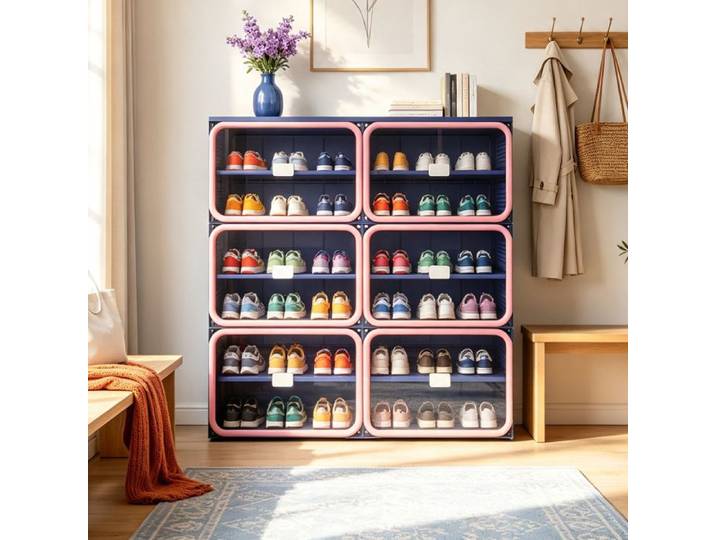 Meuble à Chaussures Pliable - Deux bâtiments de Six étages - Portes Transparentes Aimantées - Rangement 85x34x104cm - Bleu foncé