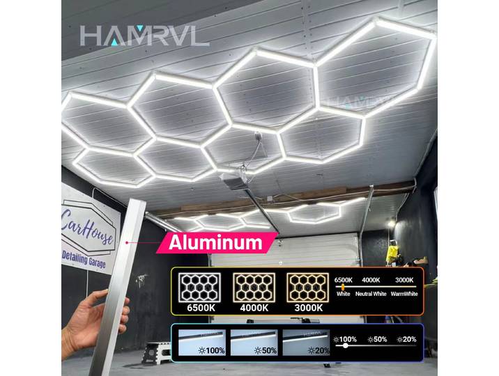 Éclairage LED hexagonal en aluminium pour garage, tube lumineux dimmable 6000K-3000K à changement de couleur pour salon de coiffure, atelier, salle de sport, garage automobile, plafond en nid