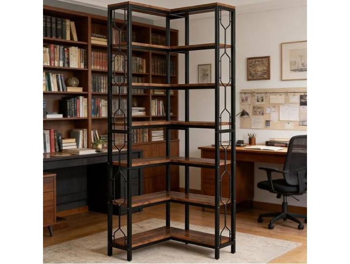 Bibliothèque d'angle 7 niveaux style industriel - BEAUNIV - autoportante en métal noir et bois 60 × 60 × 200 cm