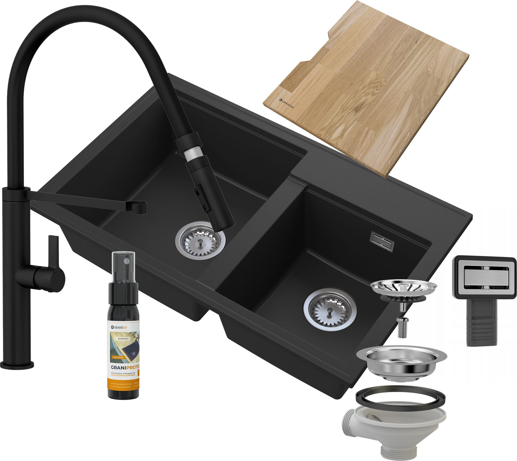 Granitan - Granitspüle - Küchenspüle - 2 Becken - 80x50 cm - Schwarz - mit Armatur FULL - Spülbecken - HEKTOR