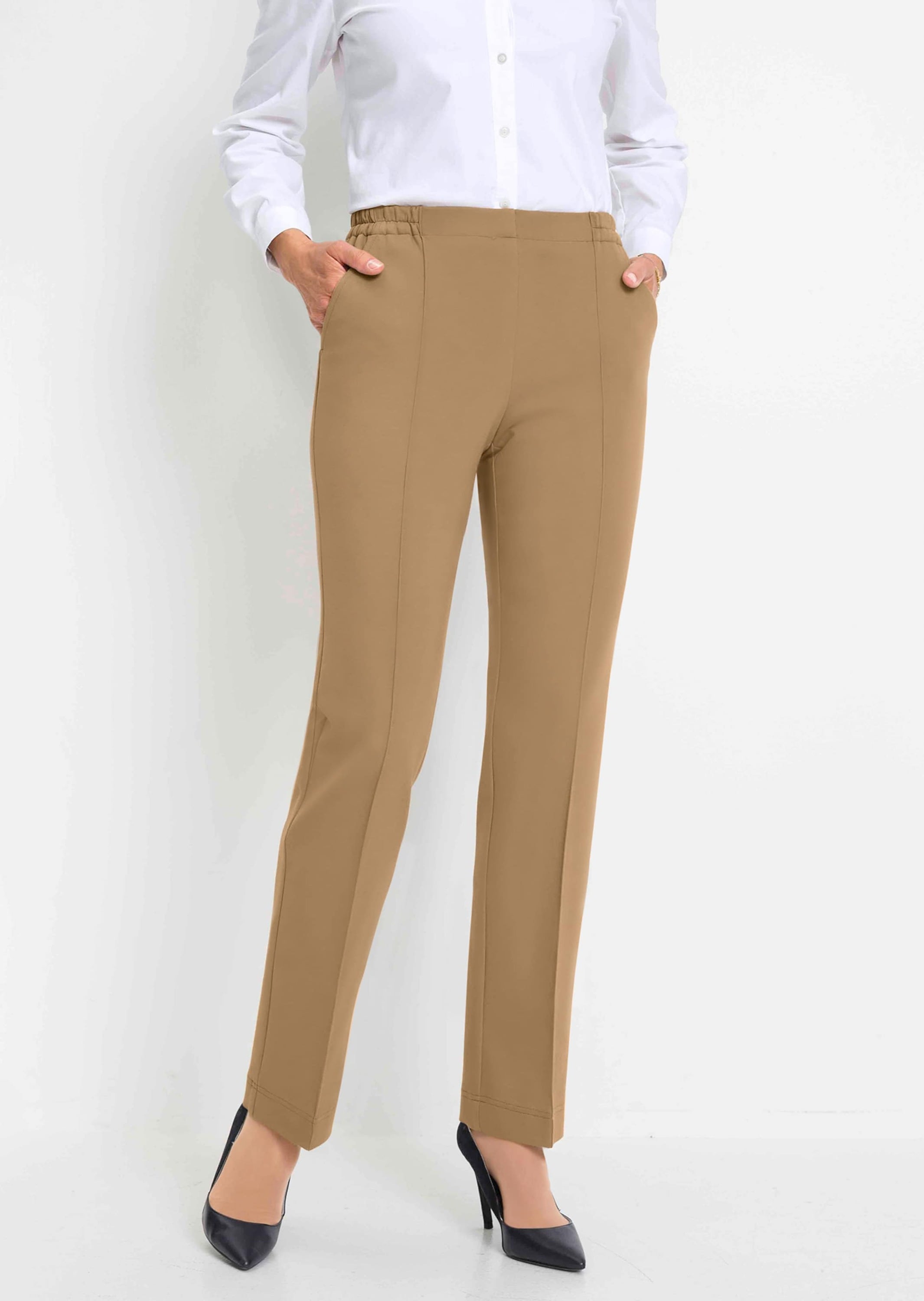 Schlupfhose GOLDNER "Jersey-Schlupfhose Martha", Damen, Gr. 44, N-Gr, braun (camel), Obermaterial: 68% Viskose CV. 27% Polyamid PA. 5% Elasthan EL., normal, Hosen Schlupfhose, Abgesteppte Biesen: wirken streckend