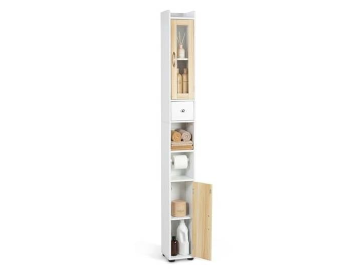 Todeco Colonne Salle de Bain Étroite\, 180 cm\, Porte Vitrée & Tiroir Rangement 2 portes\, étagère réglable\, Idéal pour WC\, entrée\, cuisine ou salon
