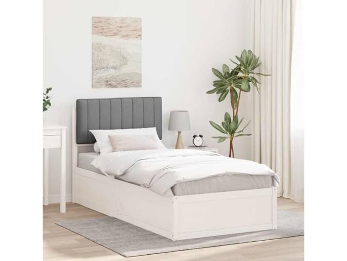Kiefernholz gepolstertes Kopfteil Minimalistisch 90 x 190 cm Hellgrau Bettgestell mit gepolstertem Kopfteil Hellgrau 90x190 cm Kiefernholz Massiv Einzelbett mit Lattenrost, gepolstertes Kopfteil,