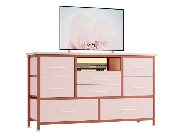 Meuble TV moderne Commode 8 tiroirs tissu 120 cm LED cadre acier TV 55 pouces salon chambre Rose