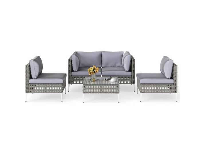 COSTWAY Ensemble 5 Pièces Table et Chaises de Jardin Extérieur avec Coussins Table en Verre Trempé Housses de Coussin Amovibles