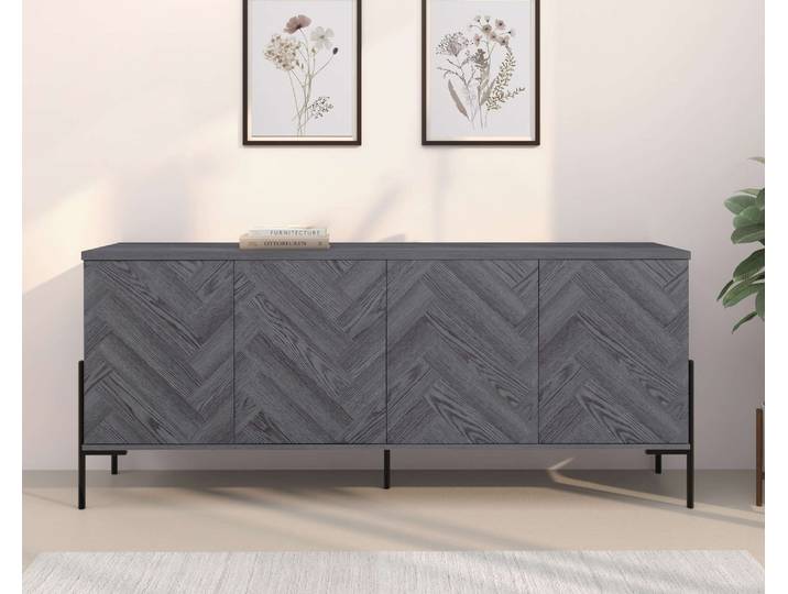 Sideboard GOODPRODUCT Eadwine , grau (grau eiche), B:175cm H:75cm T:38cm, MDF, Sideboards, Sideboard, Kommode, Push-to-open, Türen mit Fischgräten Muster, Breite 175 cm