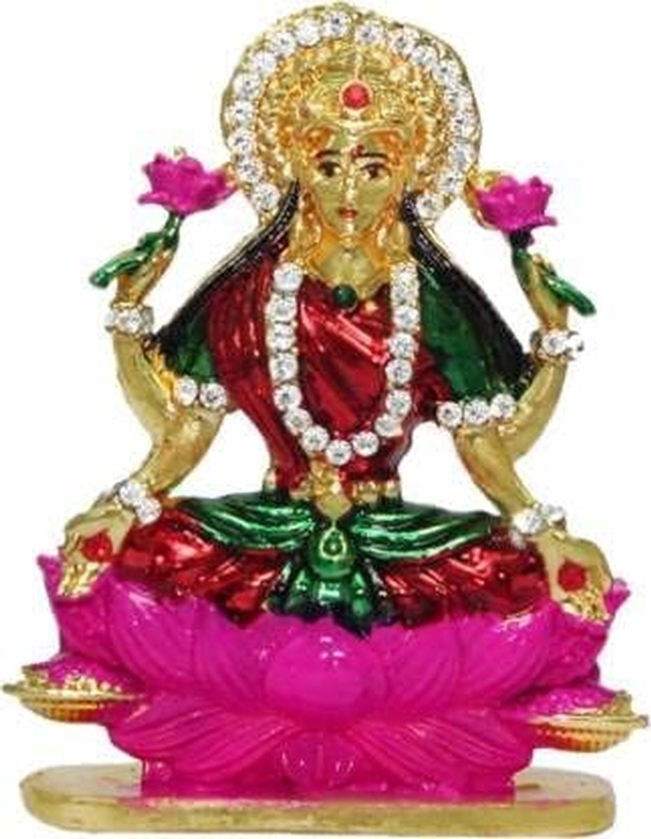 Handgemaakt Lakshmi Ganesha Godenbeeld van Messing in Goud, Hoogte: 8 cm