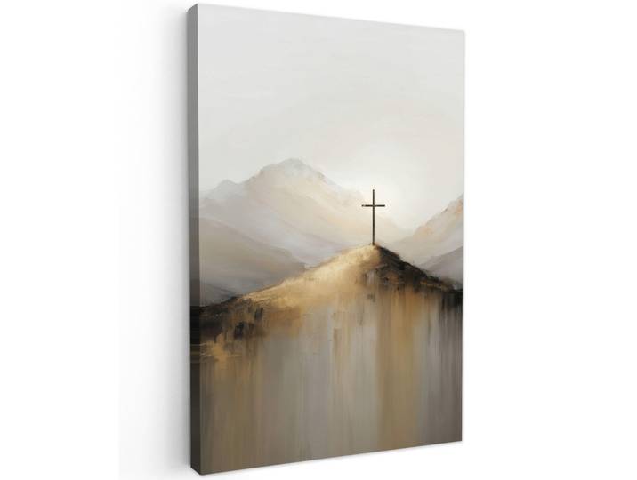 MuchoWow Leinwandbild - Hügel - Abstrakt - Kreuz - Christentum - 60x90 - Kunstdruck, Beige, Textil, Kiefer, Rechteckig, 60x90 cm, gerahmt, Bilder & Rahmen, Bilder, Wandbilder
