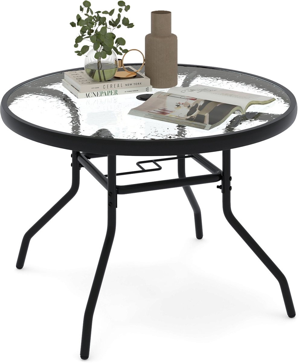 Costway Ronde Tuintafel met Glazen Plaat en Paraplugat, Ø 70 cm