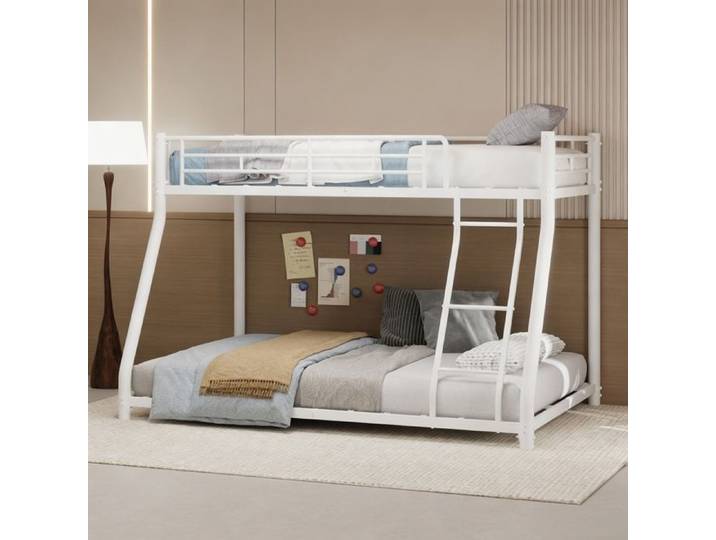 Lit superposé en métal 90×190/140×190 cm - URTR - avec échelle et rampes de sécurité - blanc - sans matelas